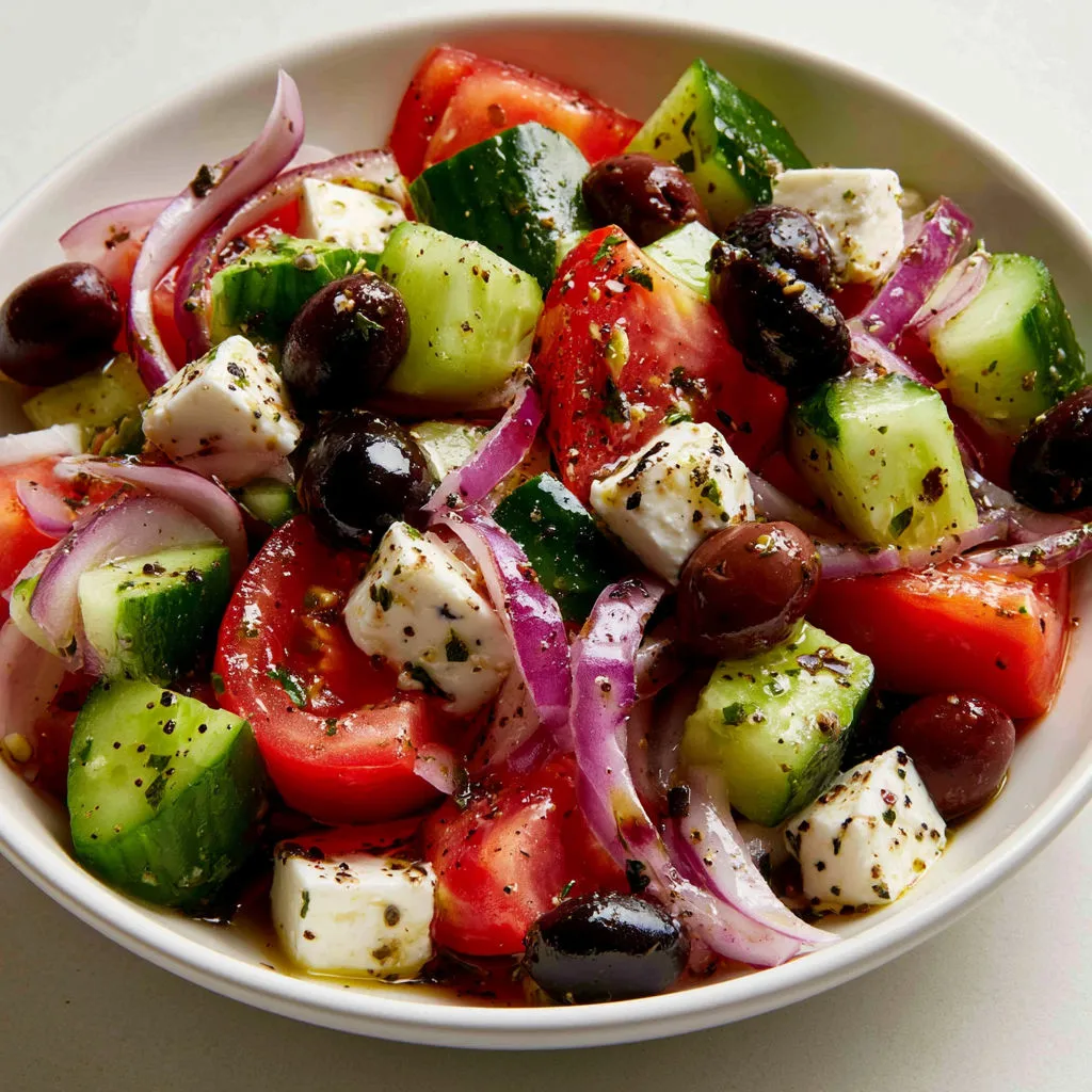 Feta, tomates, concombre et olives dans une salade comme en Grèce.