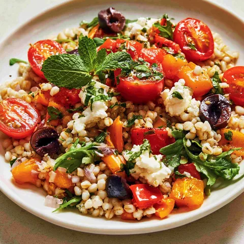 Un mélange coloré d'orge, poivrons rôtis et feta avec des herbes fraîches et des tomates