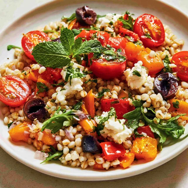 Un mélange coloré d'orge, poivrons rôtis et feta avec des herbes fraîches et des tomates