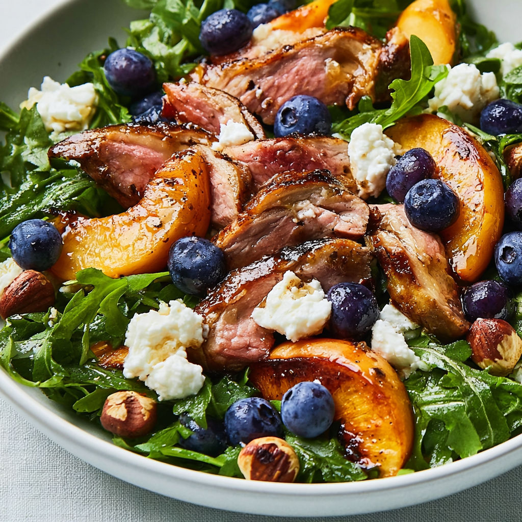Salade gourmandes de pêches, myrtilles et agneau