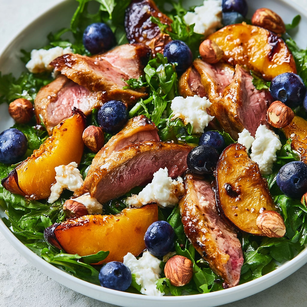 Salade d’agneau, pêches rôties, myrtilles et chèvre.