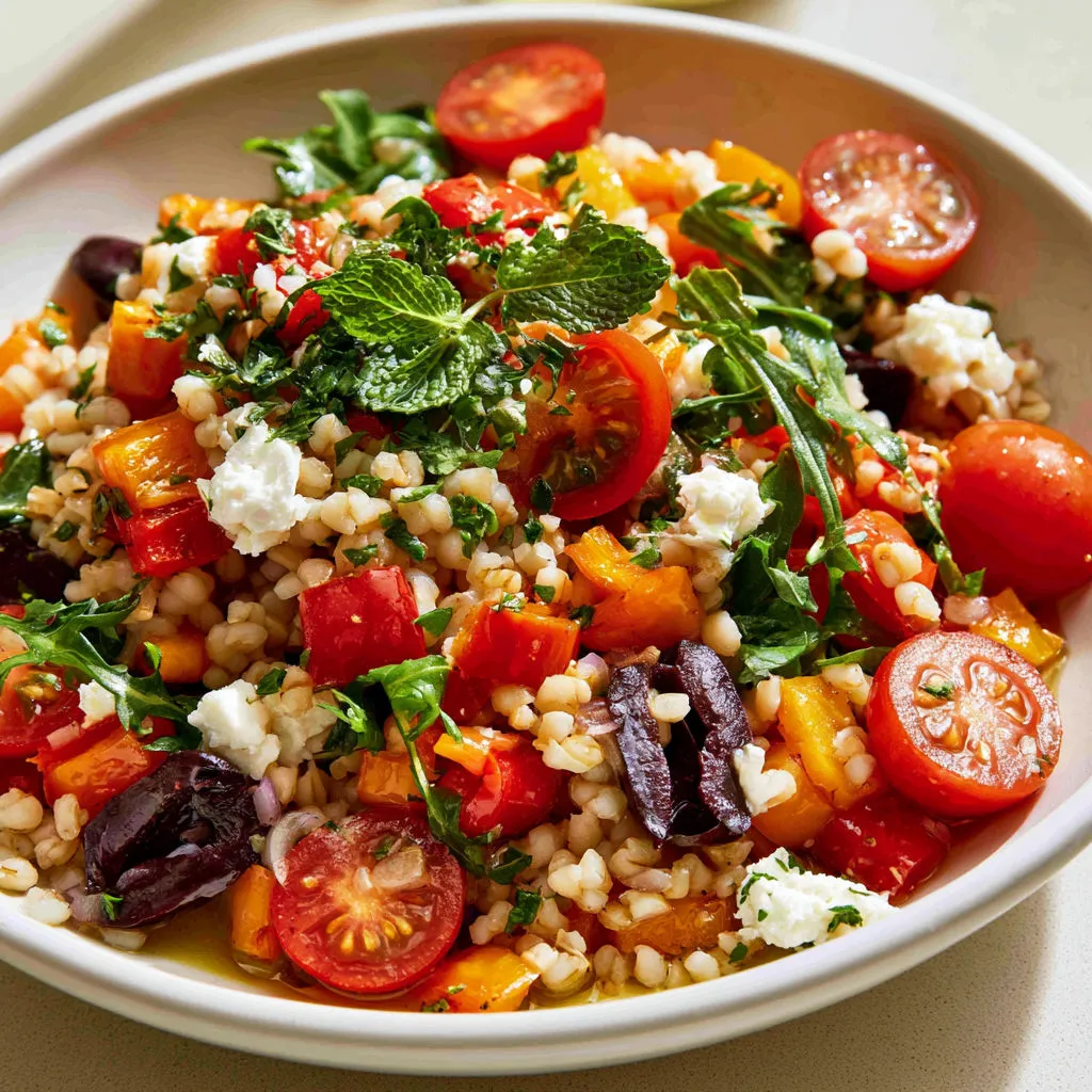 Grande salade méditerranéenne façon orge, poivrons et feta.