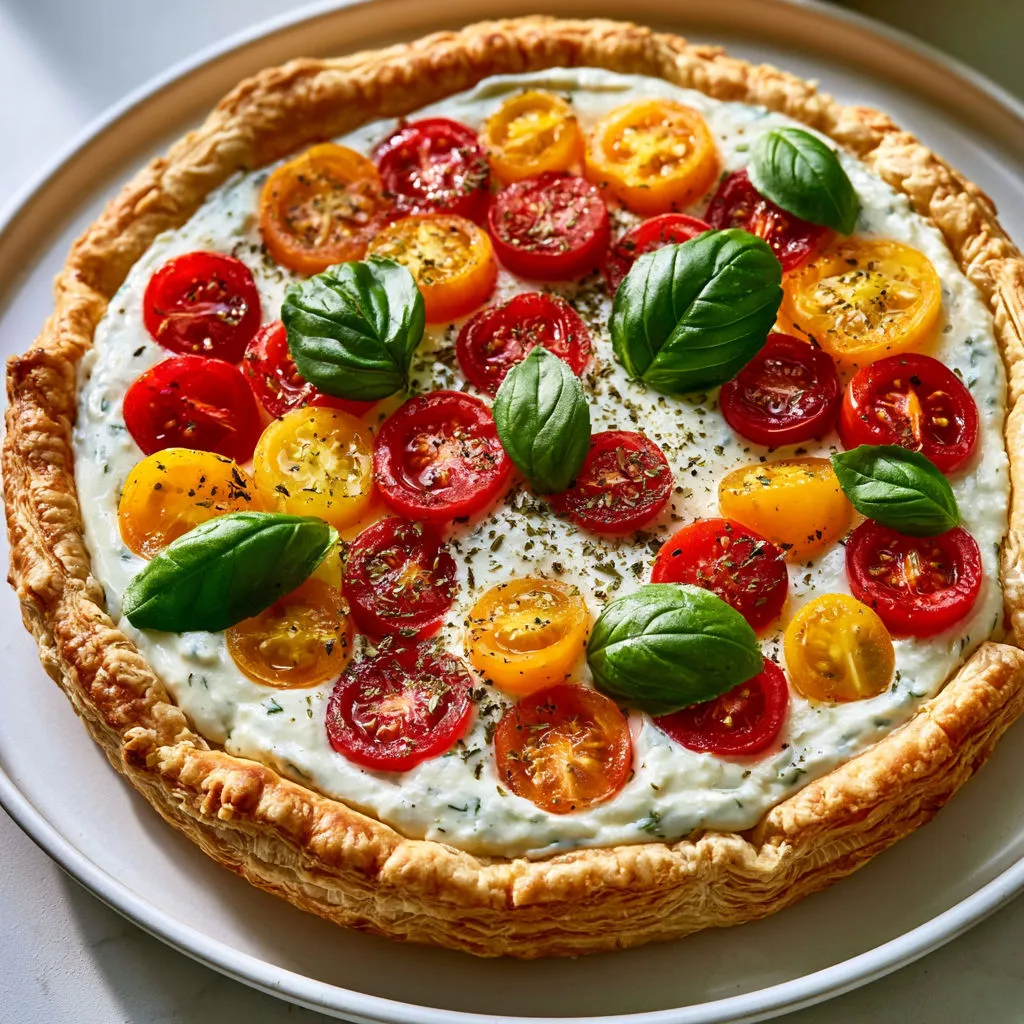 Tarte aux tomates cerises, skyr et fromage frais, fraîche et colorée pour l’été.