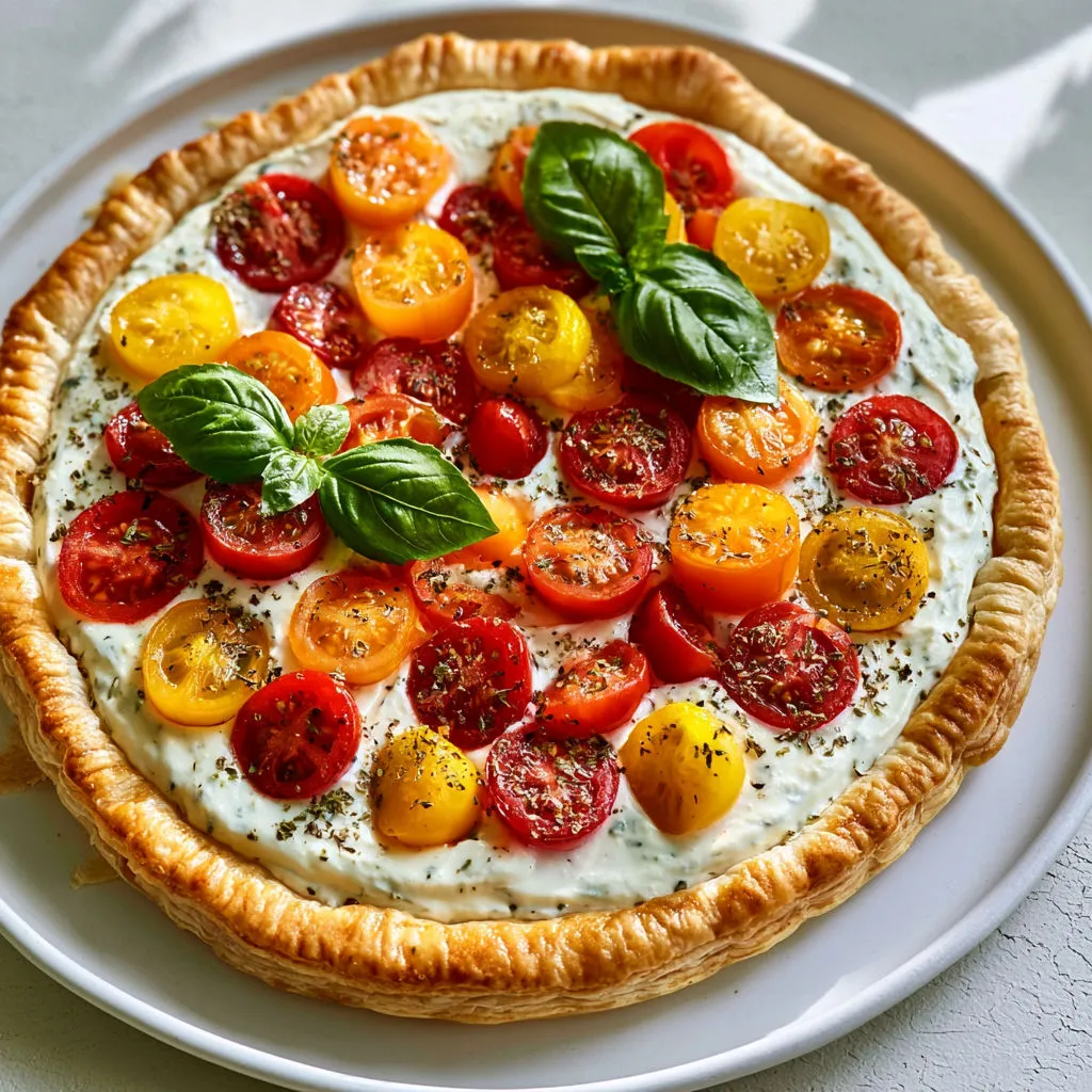 Tarte tomate fraîche, basilic et skyr, parfaite pour l’été.