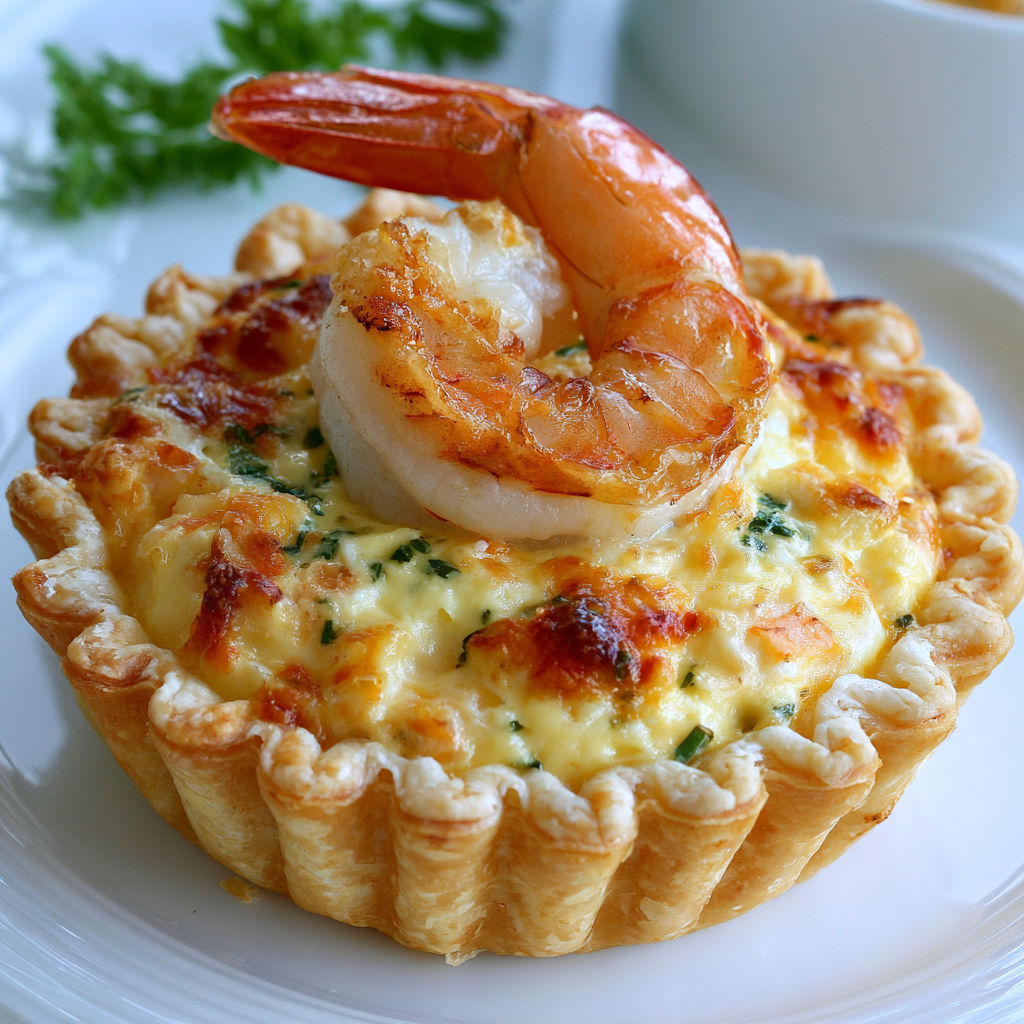 Minis tartes aux crevettes avec fromage et ciboulette.