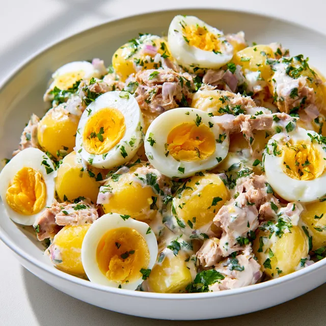 Salade fraîche de pommes de terre avec thon prête à déguster.