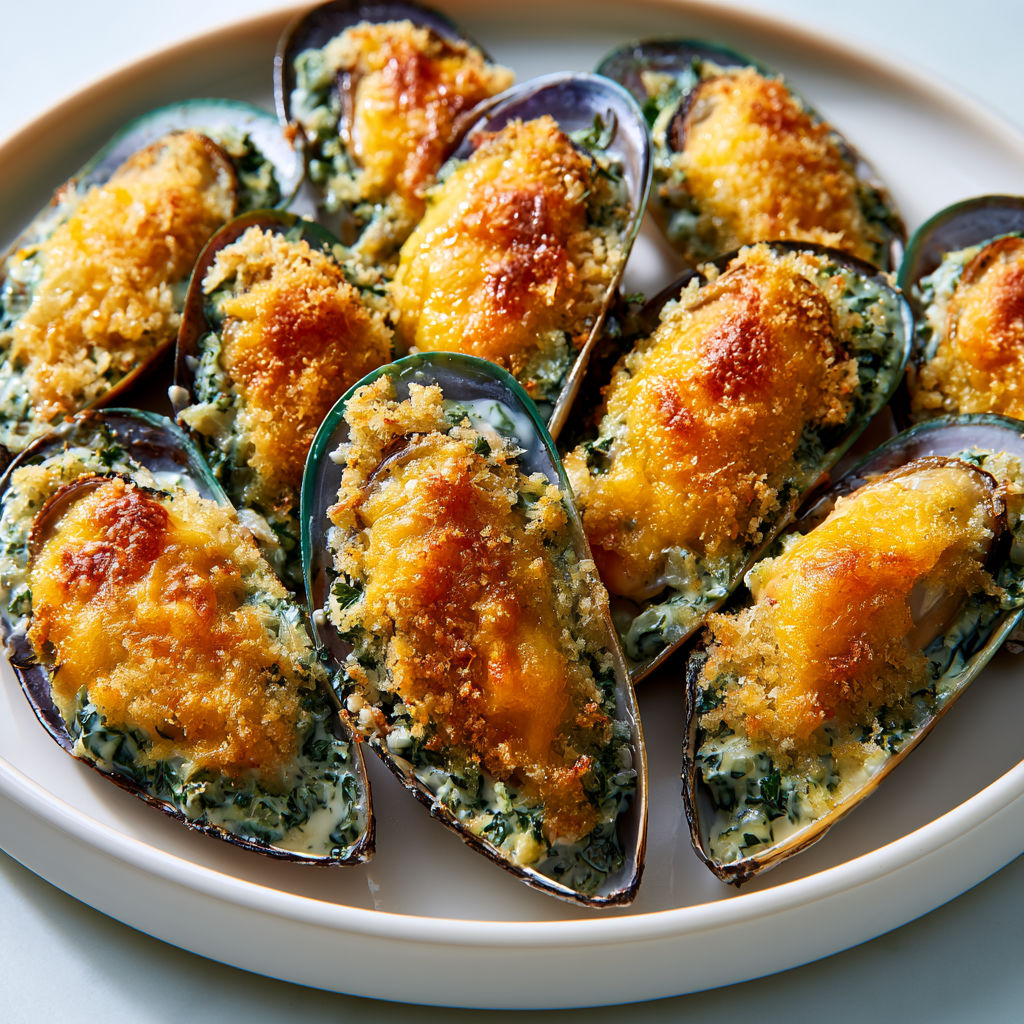 Moules gratinées avec fromage et échalotes.