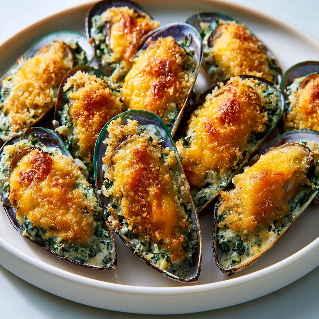 Moules gratinées avec fromage et échalotes.