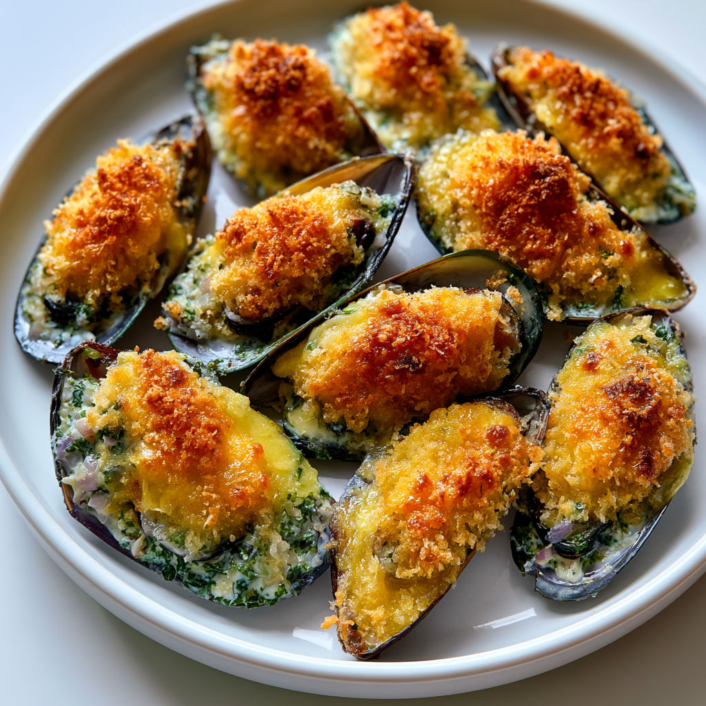 Moules gratinées au gruyère, crème et persil.