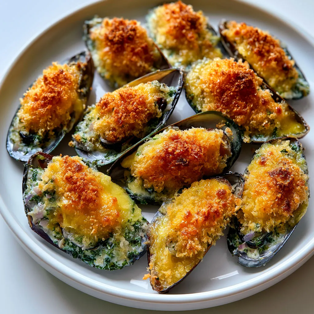 Moules gratinées au gruyère, crème et persil.