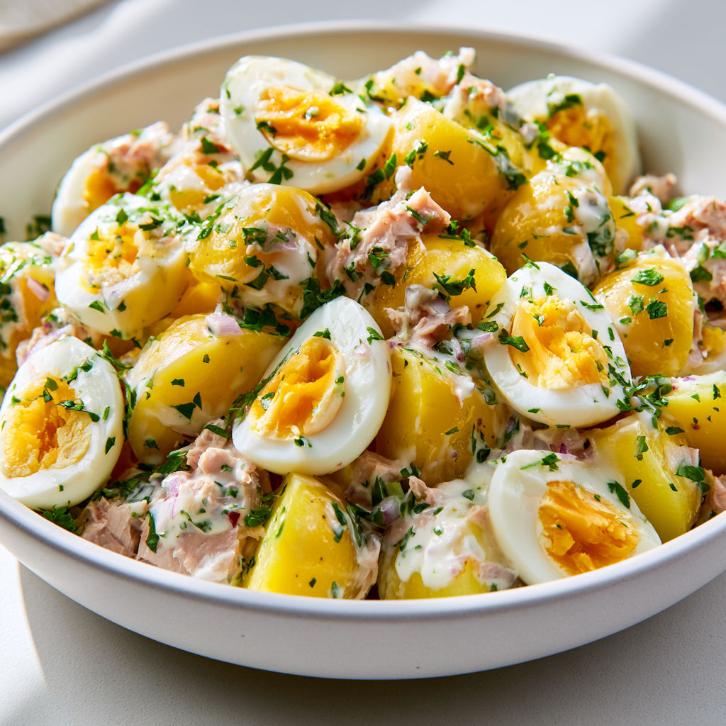 Pommes de terre, thon et œufs en salade.
