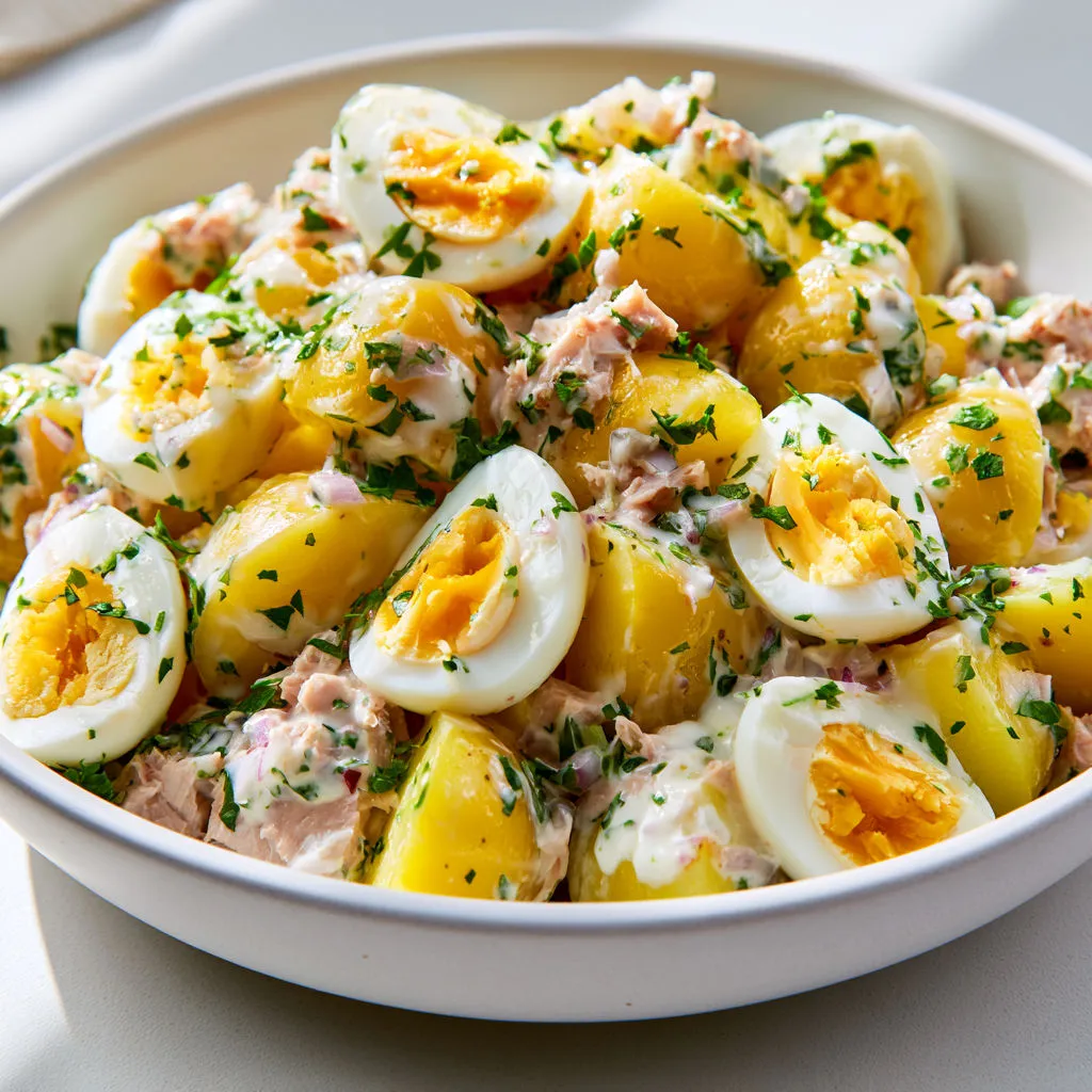 Pommes de terre, thon et œufs en salade.