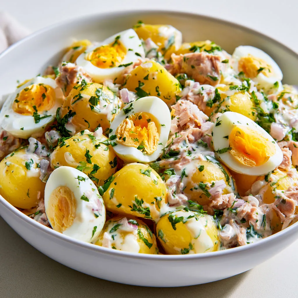 Salade de pommes de terre, thon, échalotes et plein d’herbes.