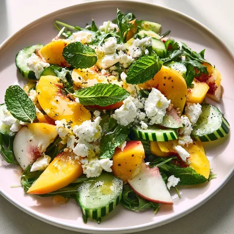 Une assiette composée de pêches, concombre et feta.