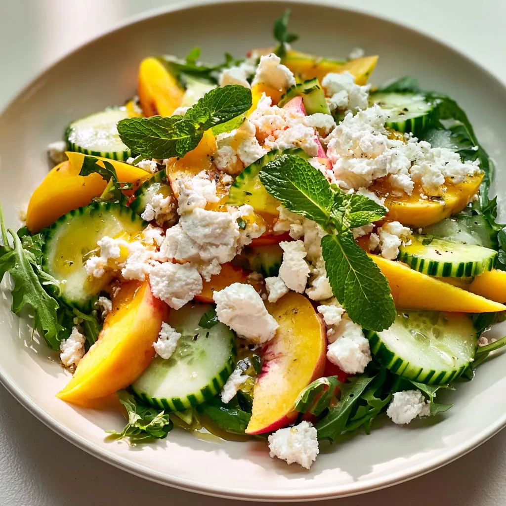 Salade pêches concombre feta fraîche et d’été.