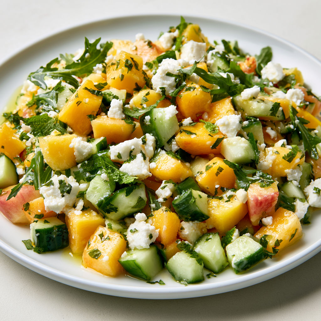Salade d’été pêches concombre feta menthe fraîche.