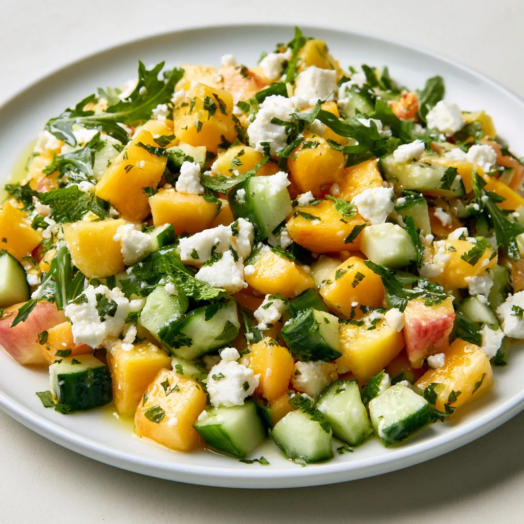 Salade d’été pêches concombre feta menthe fraîche.