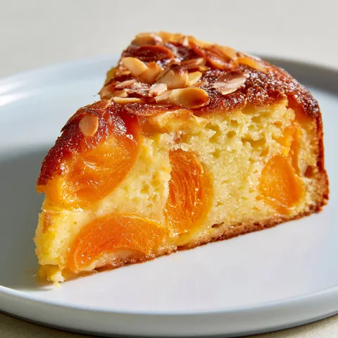 Part de gâteau aux abricots servie sur une assiette.