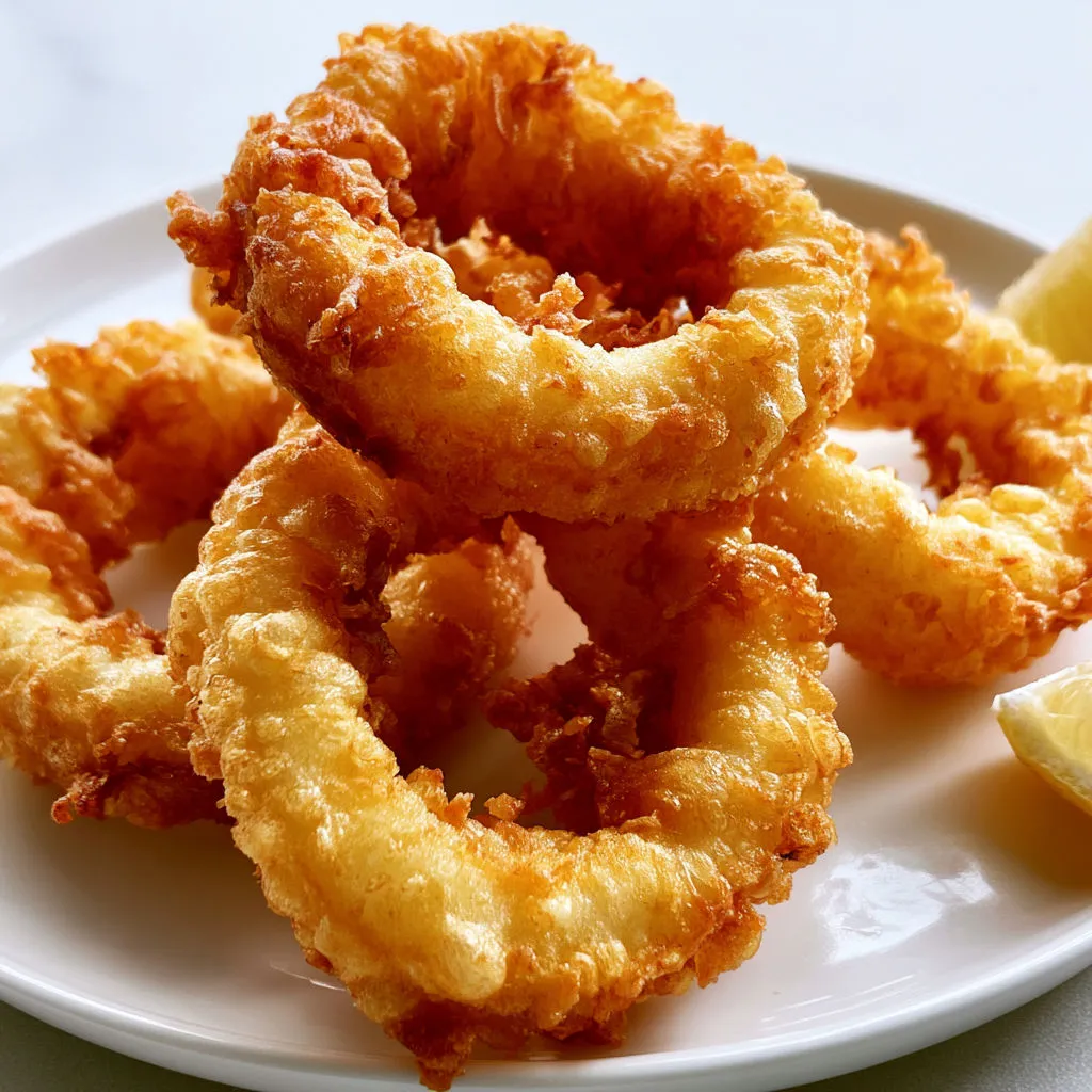 Calamars frits croustillants avec citron juteux.
