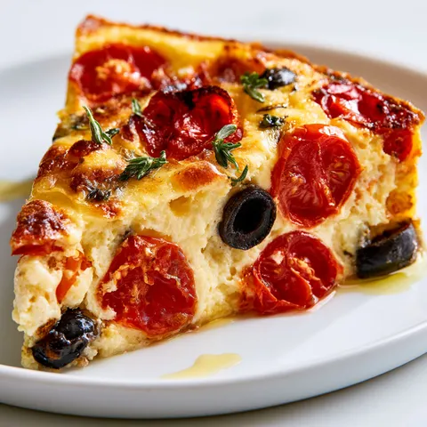 Belle part de quiche aux tomates et olives, pleine de saveurs estivales.