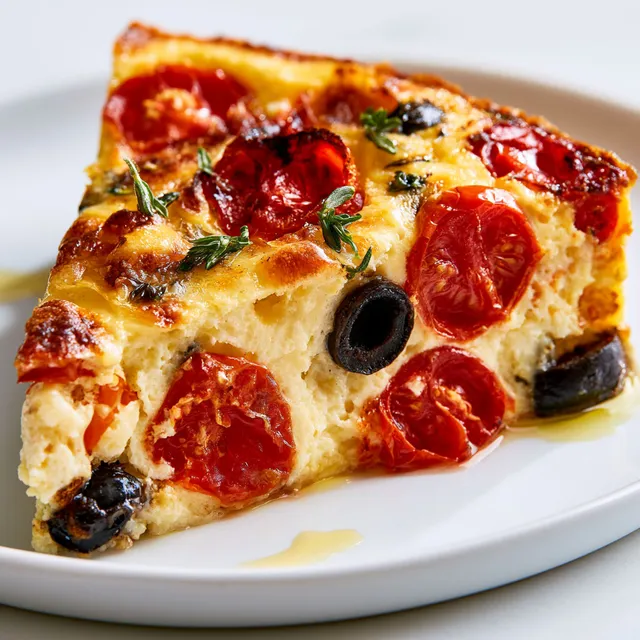 Belle part de quiche aux tomates et olives, pleine de saveurs estivales.