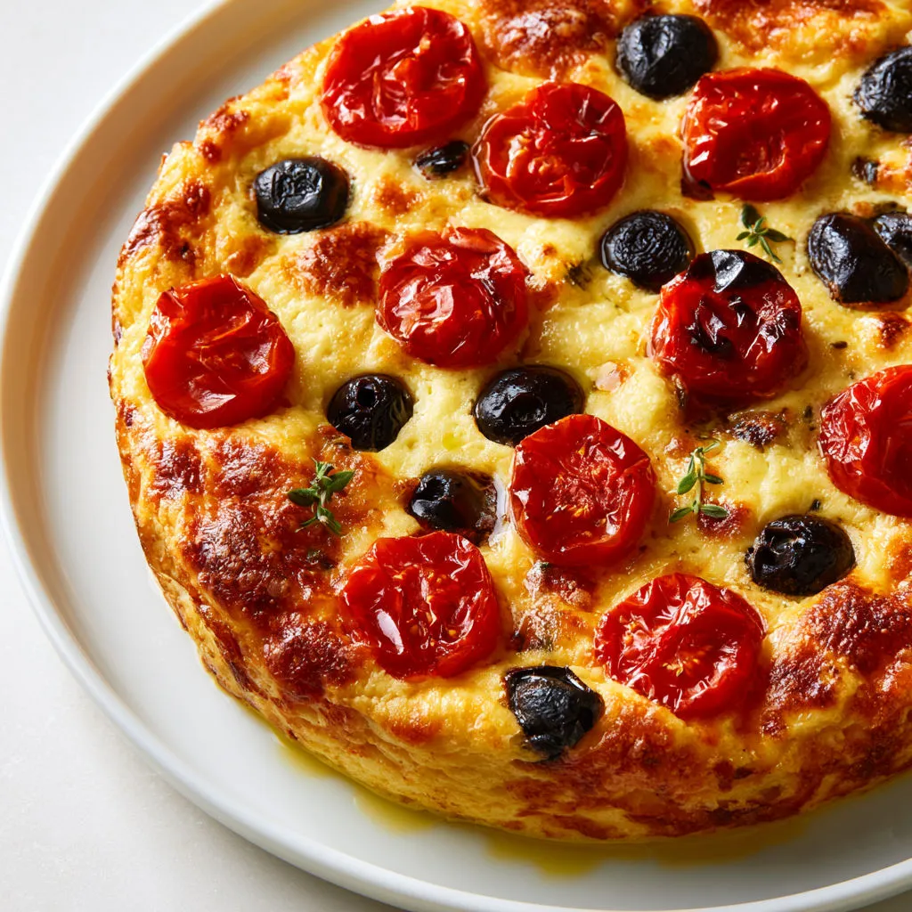 Clafoutis salé avec tomates cerises, olives noires et parmesan.