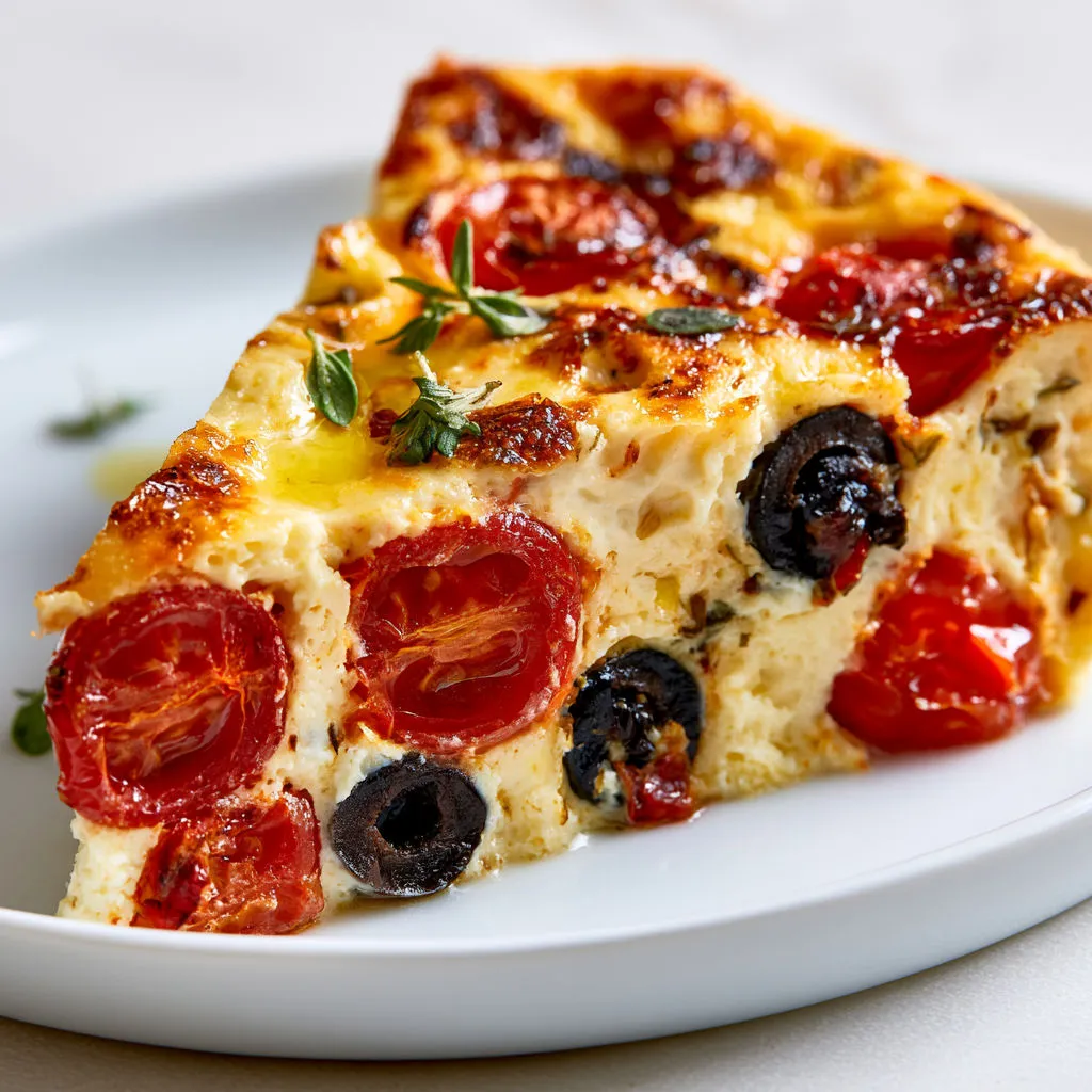 Clafoutis aux tomates, olives et thym, super moelleux et parfumé.