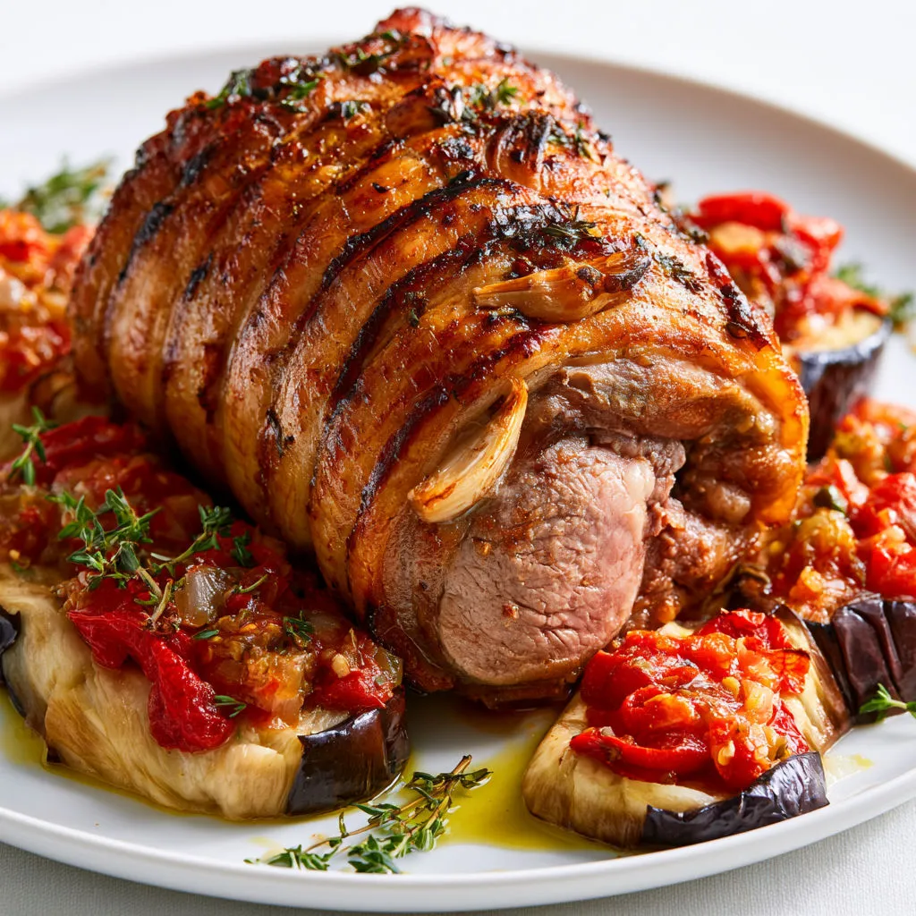 Épaule d'agneau grillée au barbecue avec aubergines à la tomate fondantes.