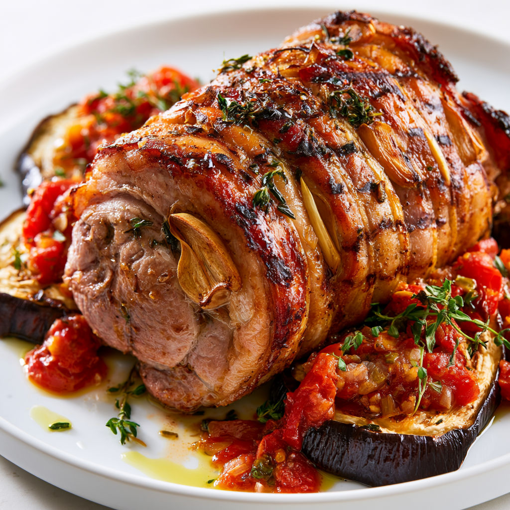Épaule d'agneau grillée au barbecue et aubergines en sauce tomate bien fondantes.