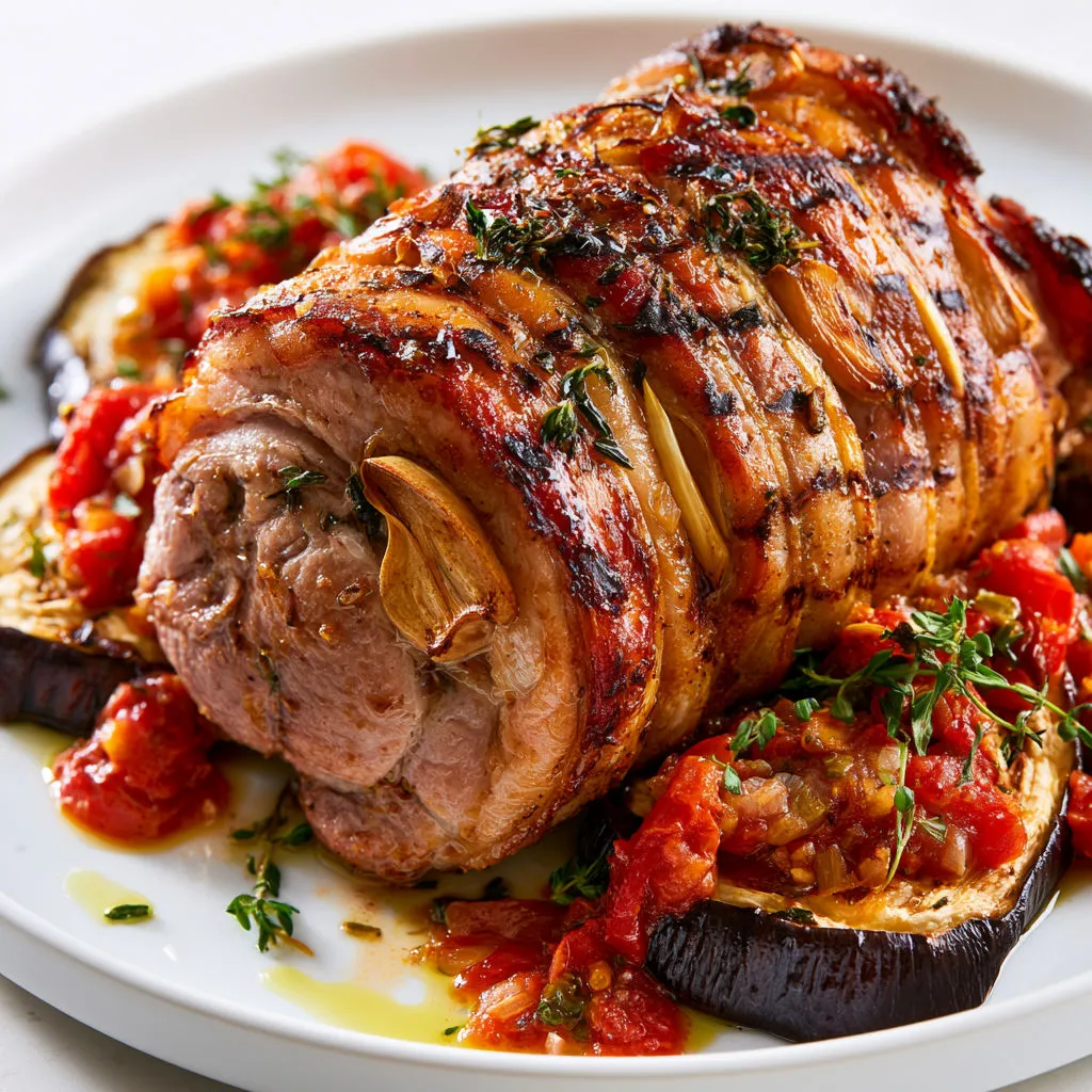 Épaule d'agneau grillée au barbecue et aubergines en sauce tomate bien fondantes.