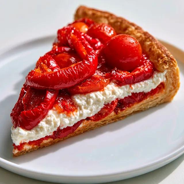 Un mélange croquant de tomates et poivrons marinés sur base feuilletée dorée.