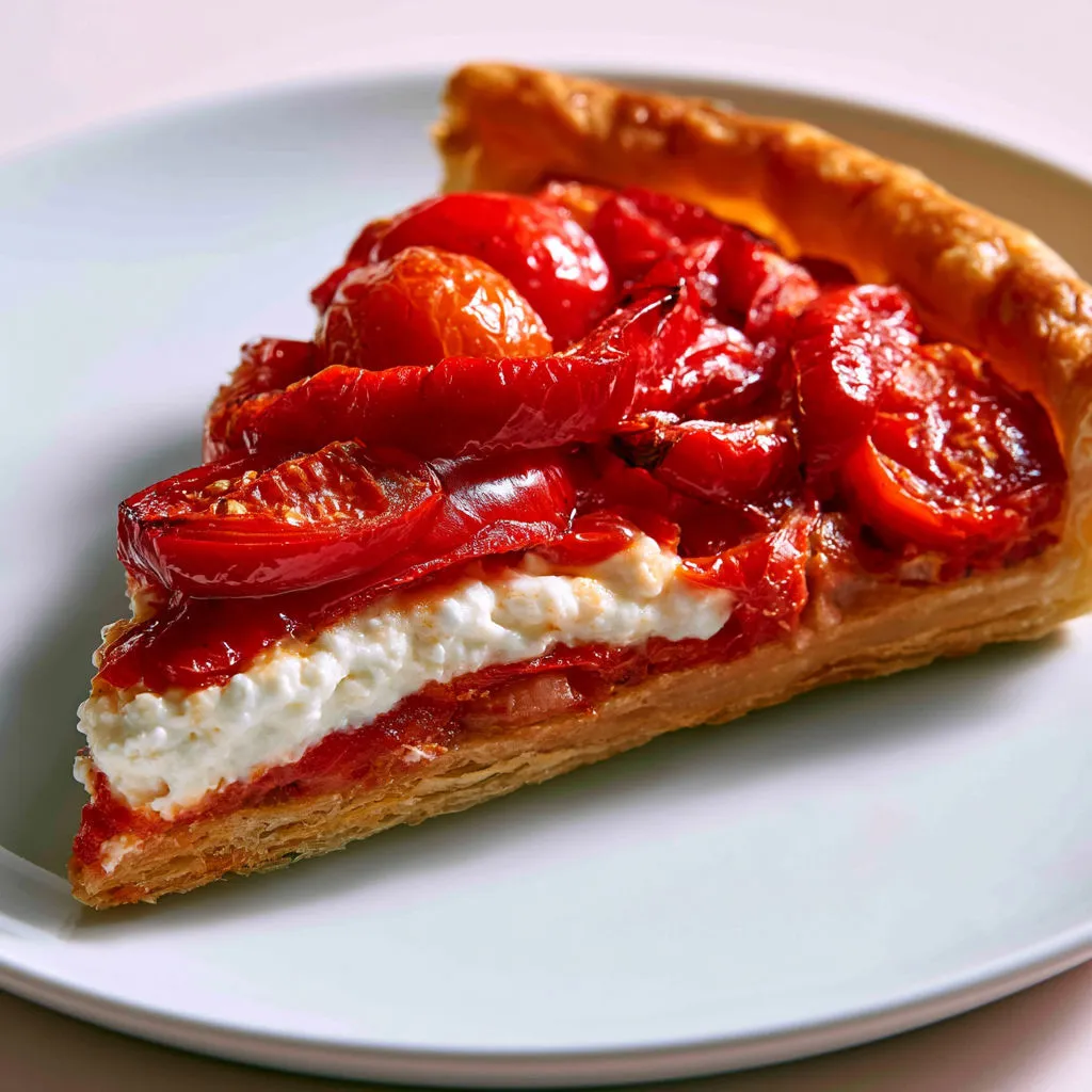 Tarte croustillante avec des tomates, poivrons grillés et ricotta.
