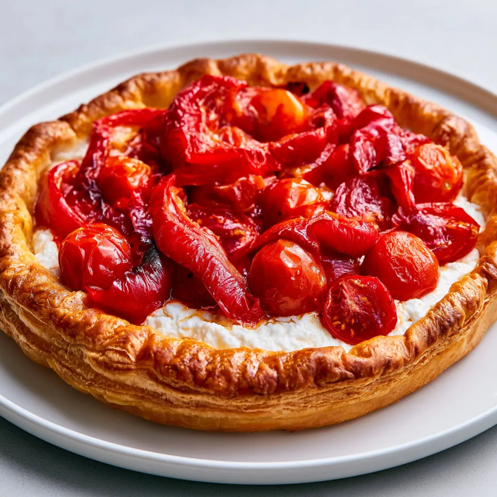 Tarte feuilletée tomates poivrons rôtis avec ricotta.