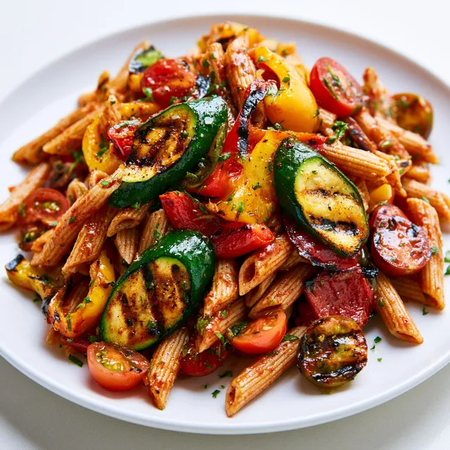 Une assiette de salade généreuse avec légumes grillés et pâtes.