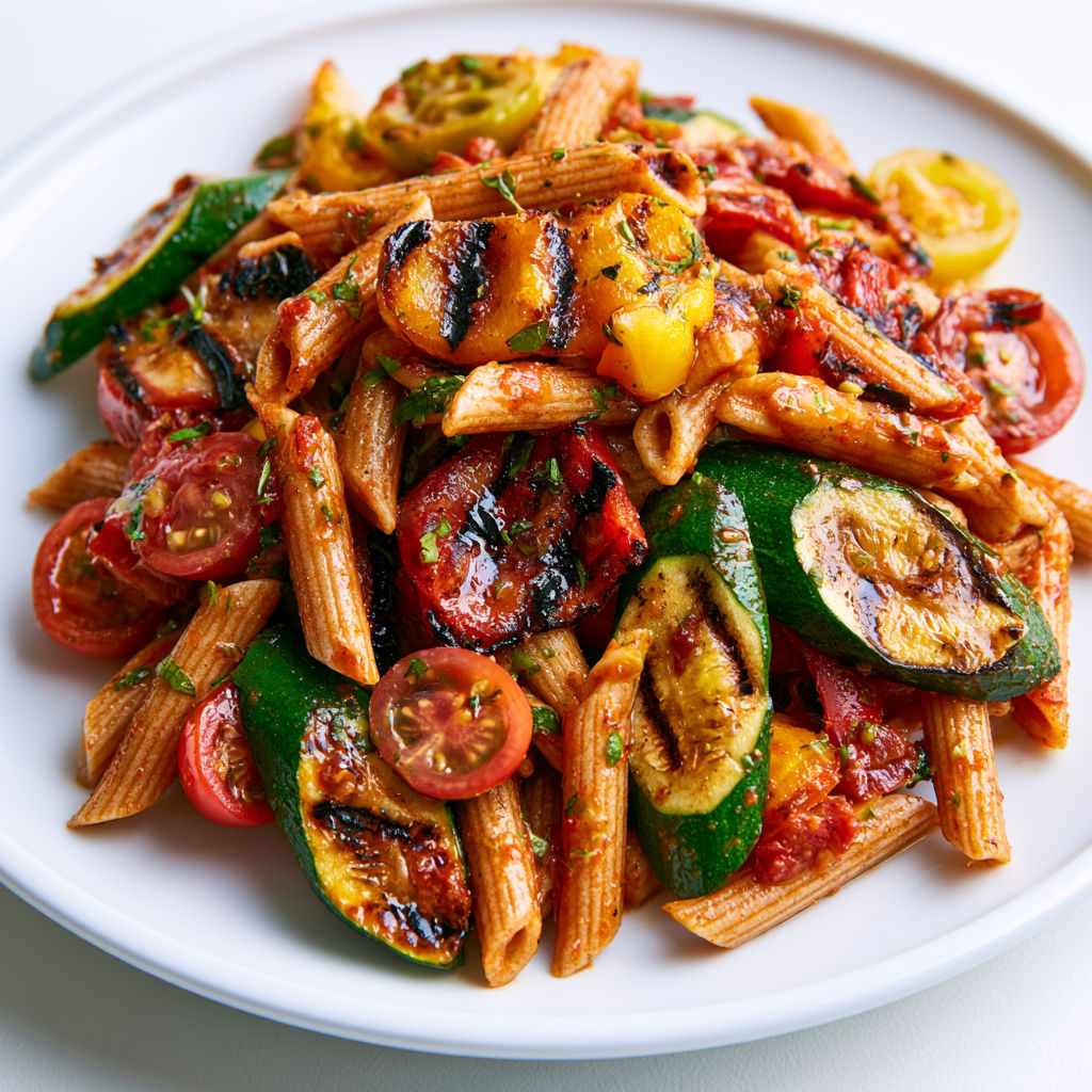 Salade de pâtes avec légumes grillés et vinaigrette tomate maison.