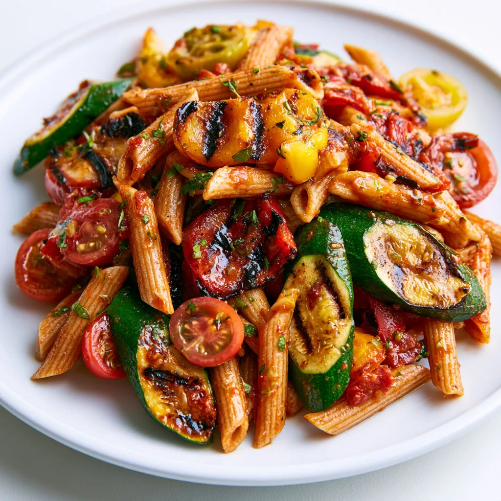 Salade de pâtes avec légumes grillés et vinaigrette tomate maison.