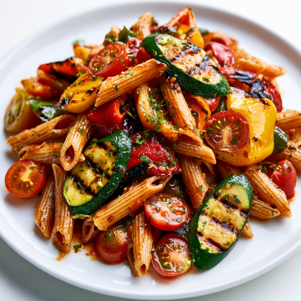 Salade estivale avec pâtes, légumes grillés et tomates fraîches.