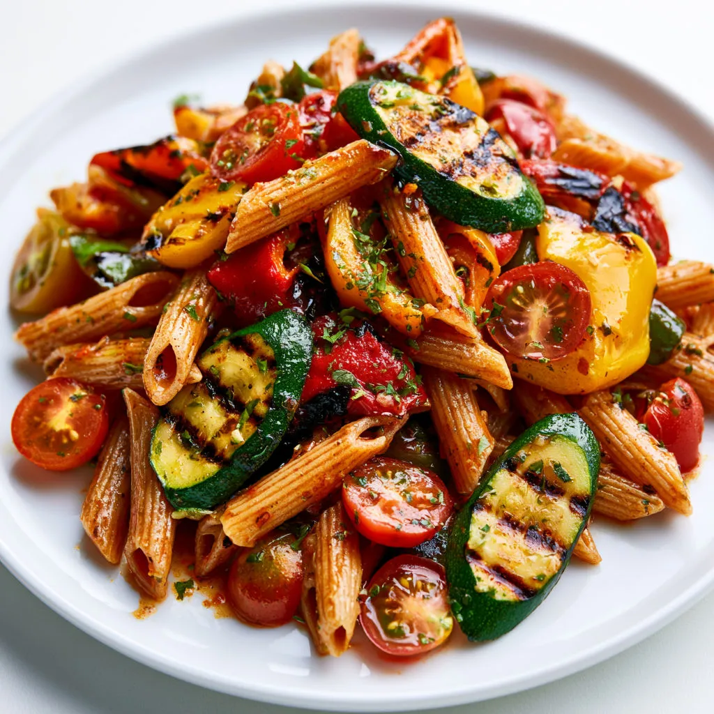 Salade estivale avec pâtes, légumes grillés et tomates fraîches.