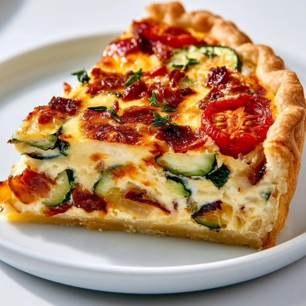 Une tarte aux courgettes et tomates sur fond de pâte dorée et croûte croustillante, pleine de légumes frais.