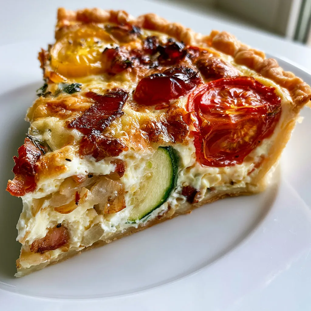 Tarte aux tomates et courgettes sur une pâte dorée, présentée sur un joli plateau à partager.