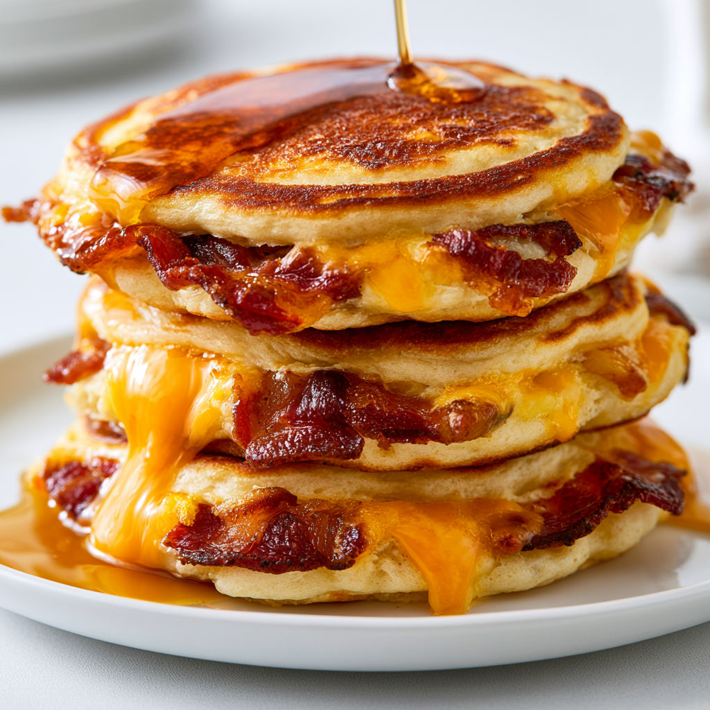 Une belle pile de pancakes bacon cheddar nappée de sirop d’érable
