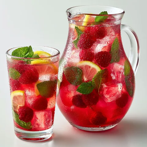 Verre de boisson maison aux framboises, citron et menthe pour l'été.