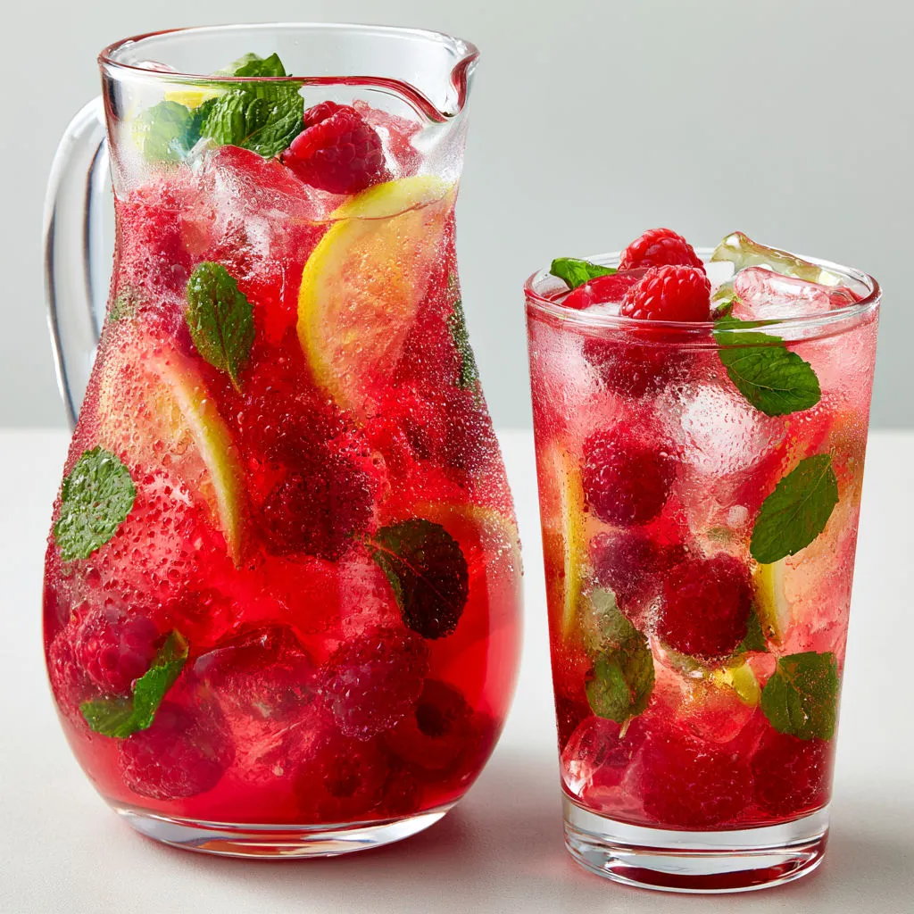 Un grand verre de citronnade maison aux framboises et un pichet juste à côté.
