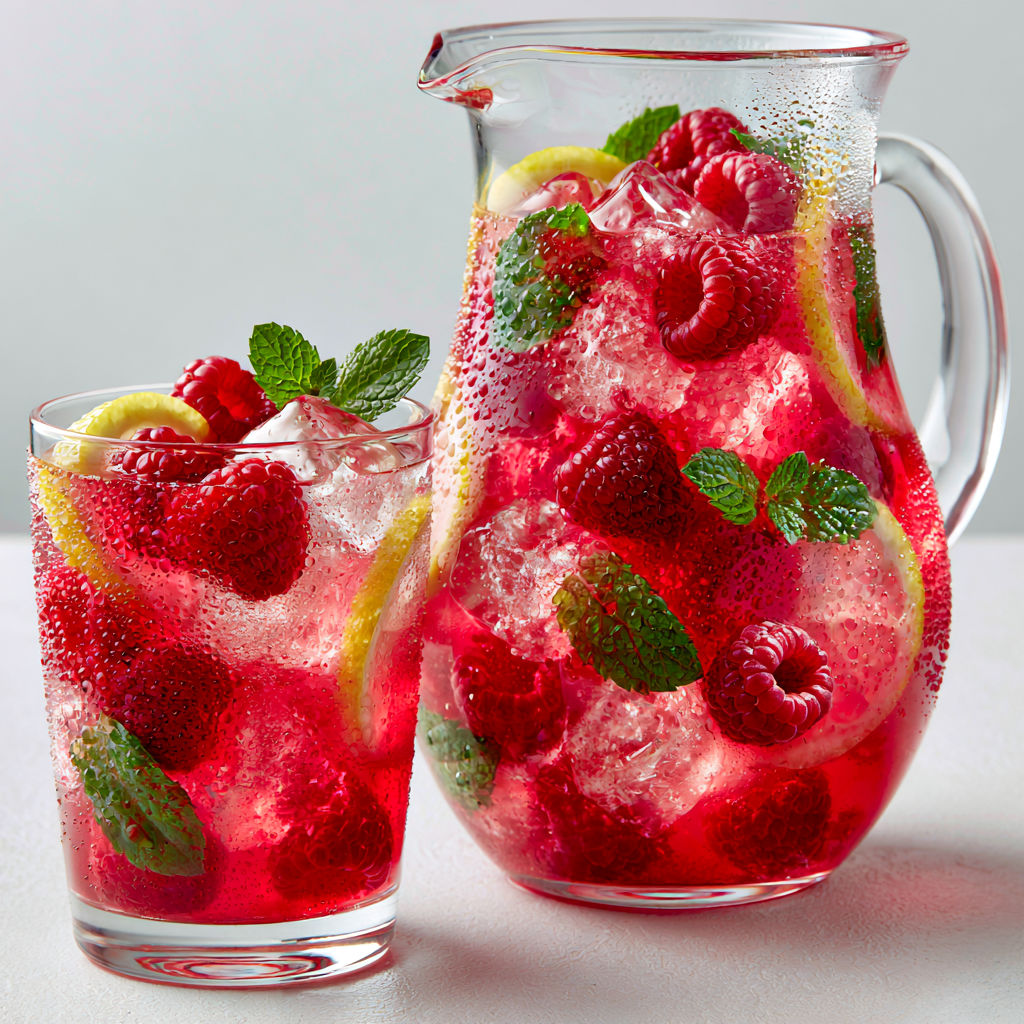 Pichet de citronnade maison rose avec framboises et verre devant.