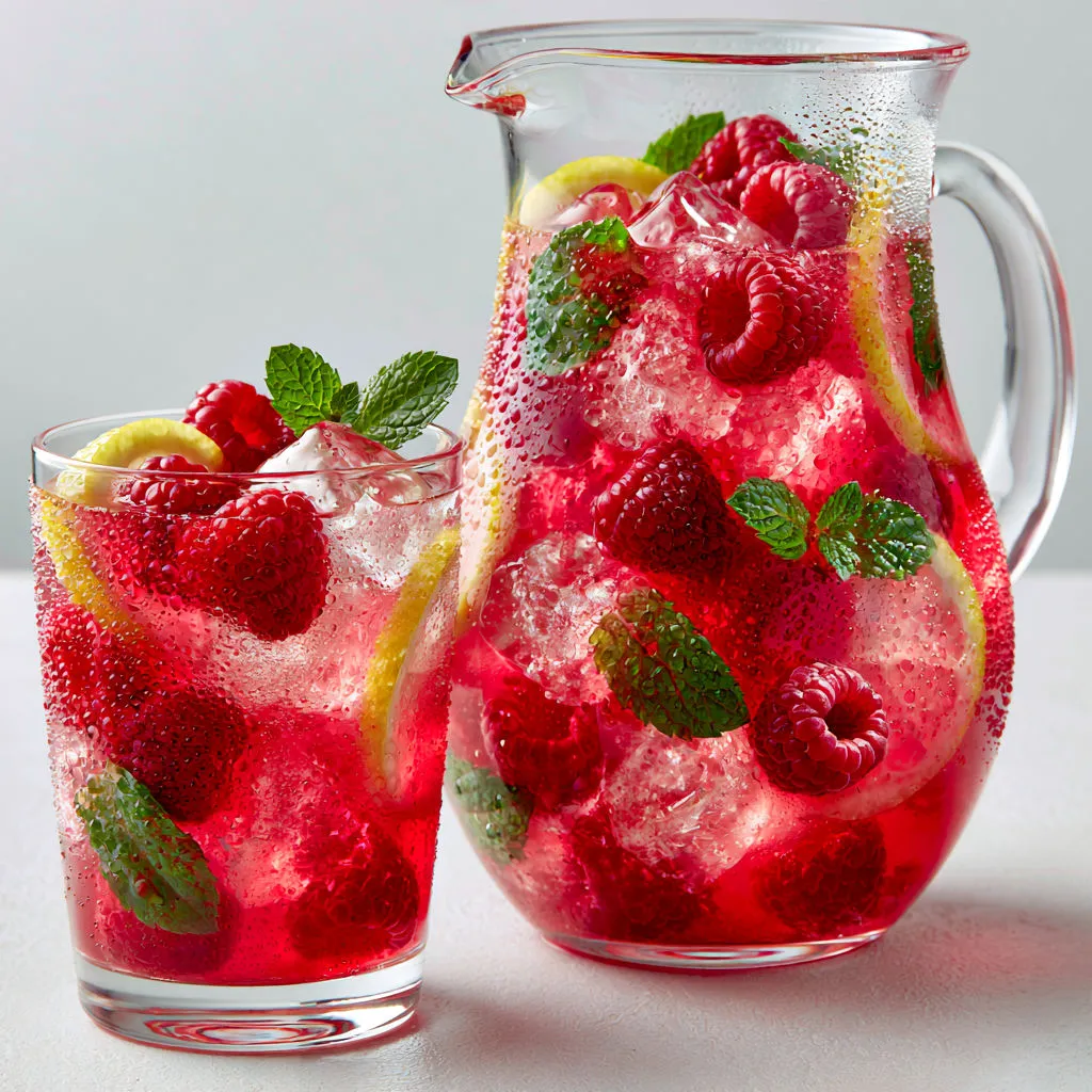 Pichet de citronnade maison rose avec framboises et verre devant.