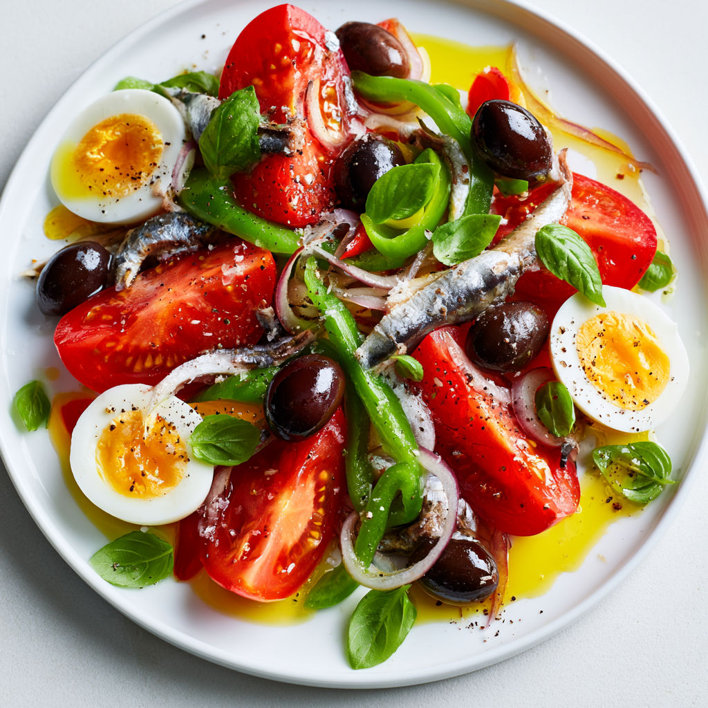 Version revisitée de la salade niçoise pleine de légumes colorés, d’olives et d’anchois.