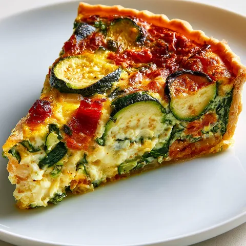 Délicieuse tarte salée aux courgettes et lardons croustillants avec une pointe de curry.