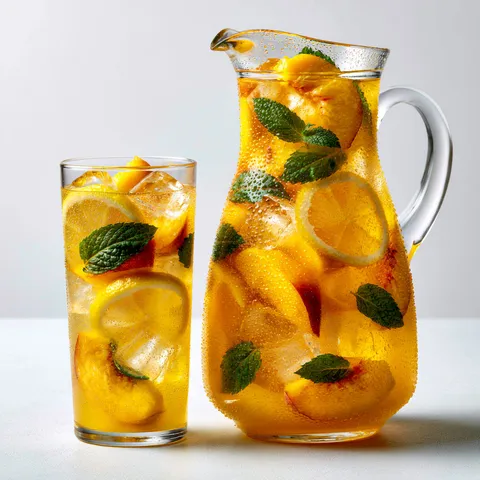 Préparez une limonade maison douce et fruitée avec des pêches et de la menthe.