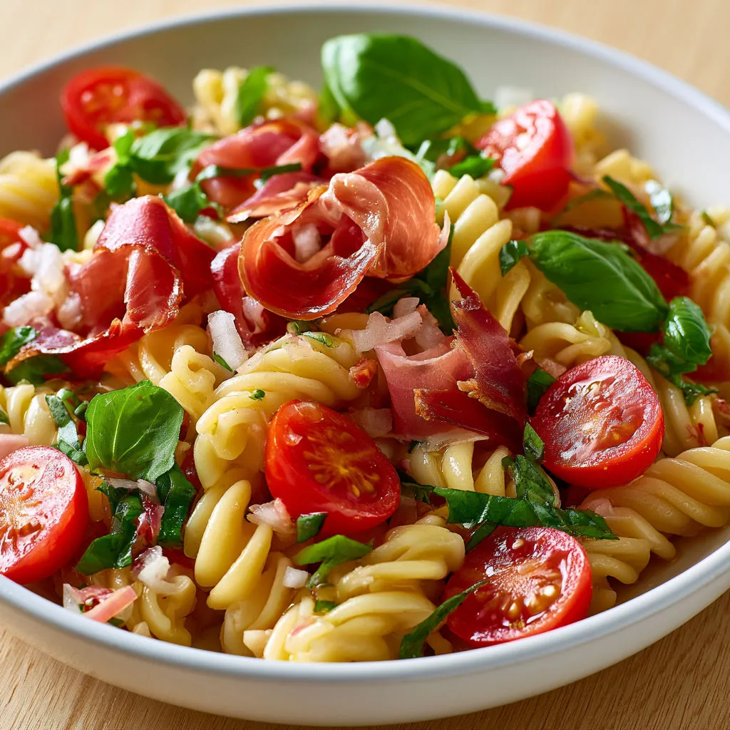 Salade froide aux pâtes blé dur, tomates et jambon cru ultra fraîche.