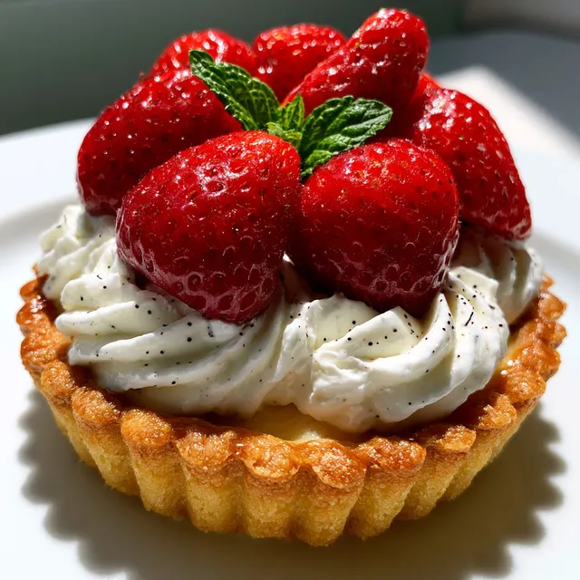 Tarte sablée garnie de fraises fraîches et de menthe, déposée sur un plateau.